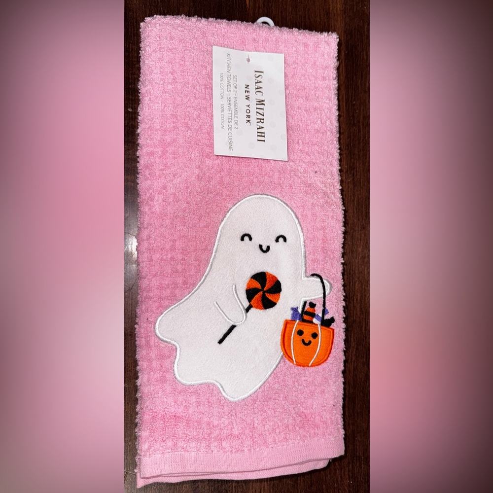 ISAAC MIZRART  Pink Ghost  👻 Set of 2 KITCHEN TOWELS - NEW